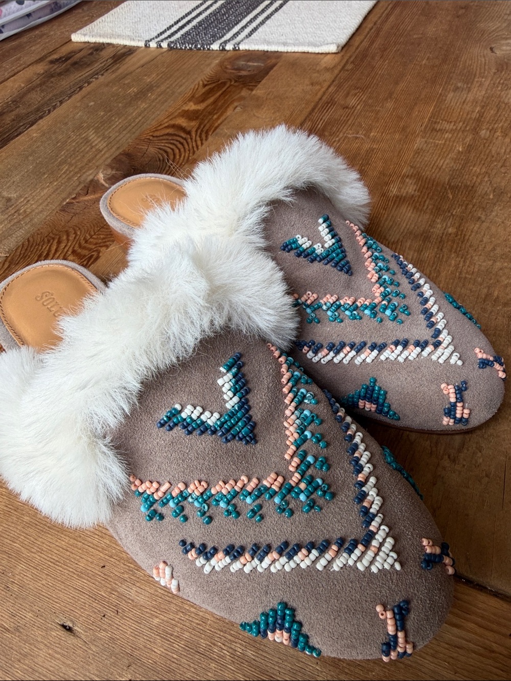 Soludos Taupe Beaded Faux-Fur Mule Slippers